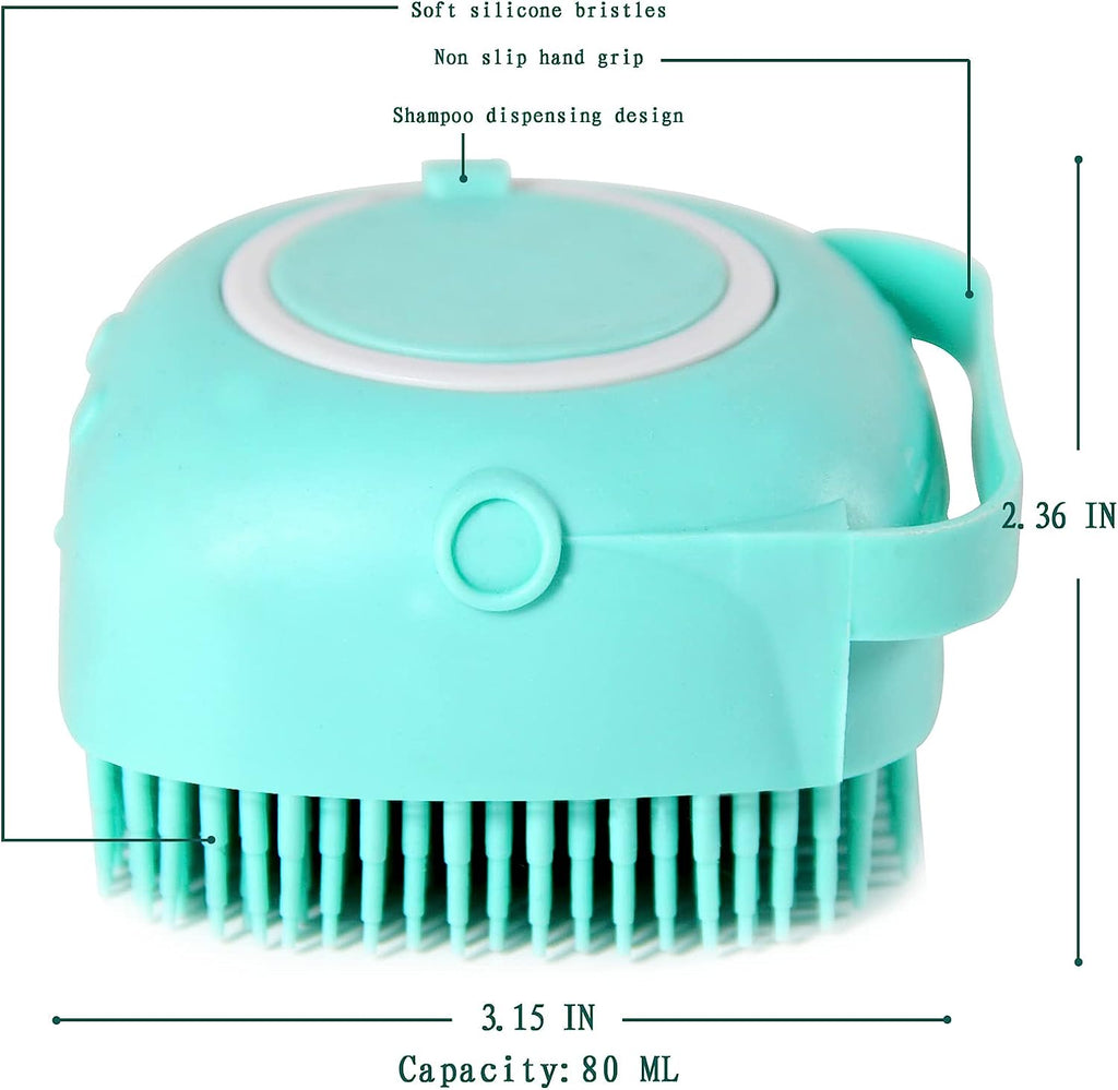 Dog Bath Brush, Pet Massage Brush Shampoo Dispenser, Soft Silicone Brush Rubber Bristle for Dogs and Cats Shower Grooming (Blue)